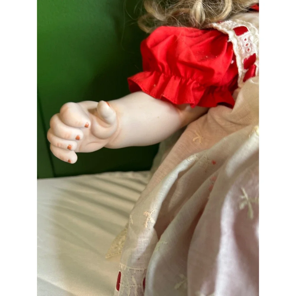 Vintage Porcelain Collector Doll Blonde Curly Hair Red White Lace Dress BlueEyes